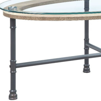 47" Sandy Gray And Clear Glass And Metal Oval Coffee Table