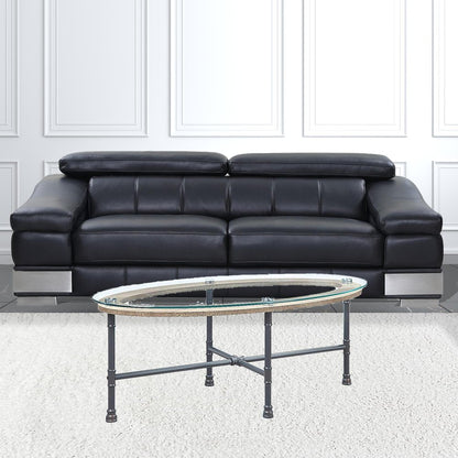 47" Clear and Gray Glass And Metal Oval Sled Coffee Table