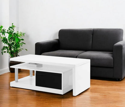 63" White Black And Silver Coffee Table With Two Drawers And Shelf