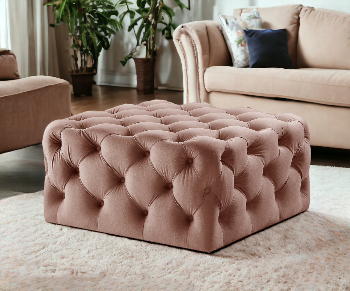 33" Blush Velvet Rolling Tufted Cocktail Ottoman