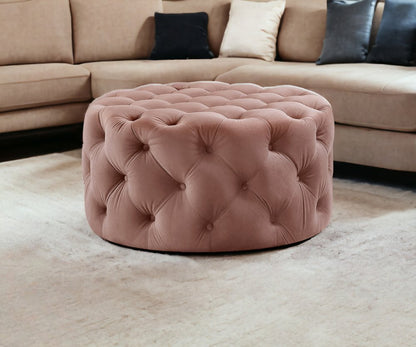33" Blush Velvet Rolling Tufted Round Cocktail Ottoman