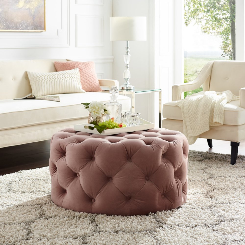 33" Blush Velvet Rolling Tufted Round Cocktail Ottoman