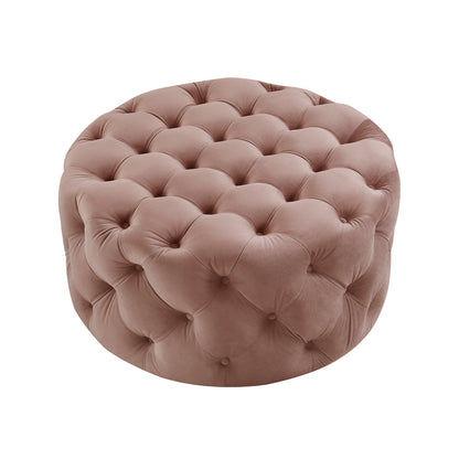 33" Beige Linen  Rolling Tufted Round Cocktail Ottoman