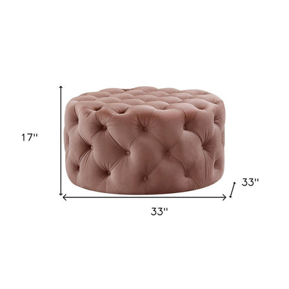 33" Blush Velvet Rolling Tufted Round Cocktail Ottoman