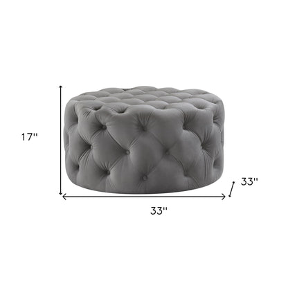 33" Beige Linen  Rolling Tufted Round Cocktail Ottoman