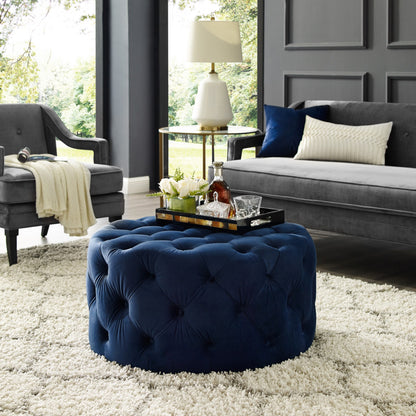 33" Beige Linen  Rolling Tufted Round Cocktail Ottoman