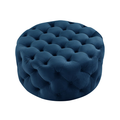 33" Beige Linen  Rolling Tufted Round Cocktail Ottoman