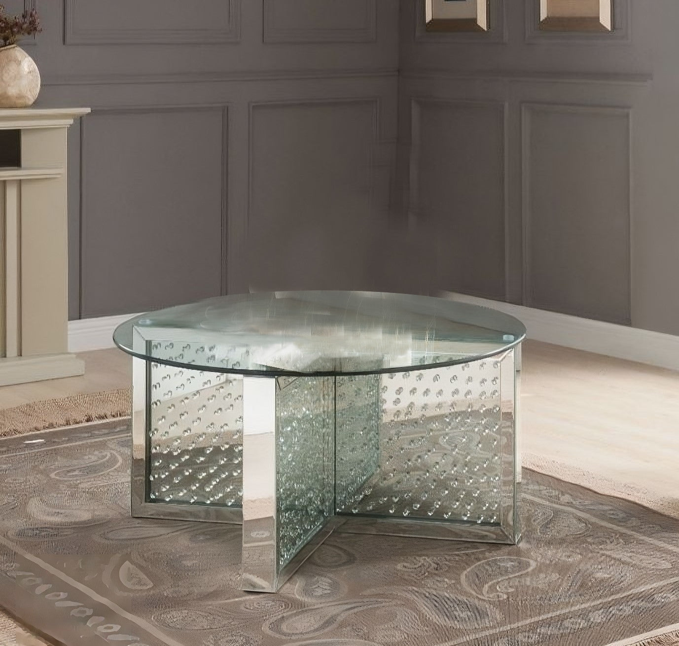 40" Clear And Silver Glass Round Mirrored Coffee Table