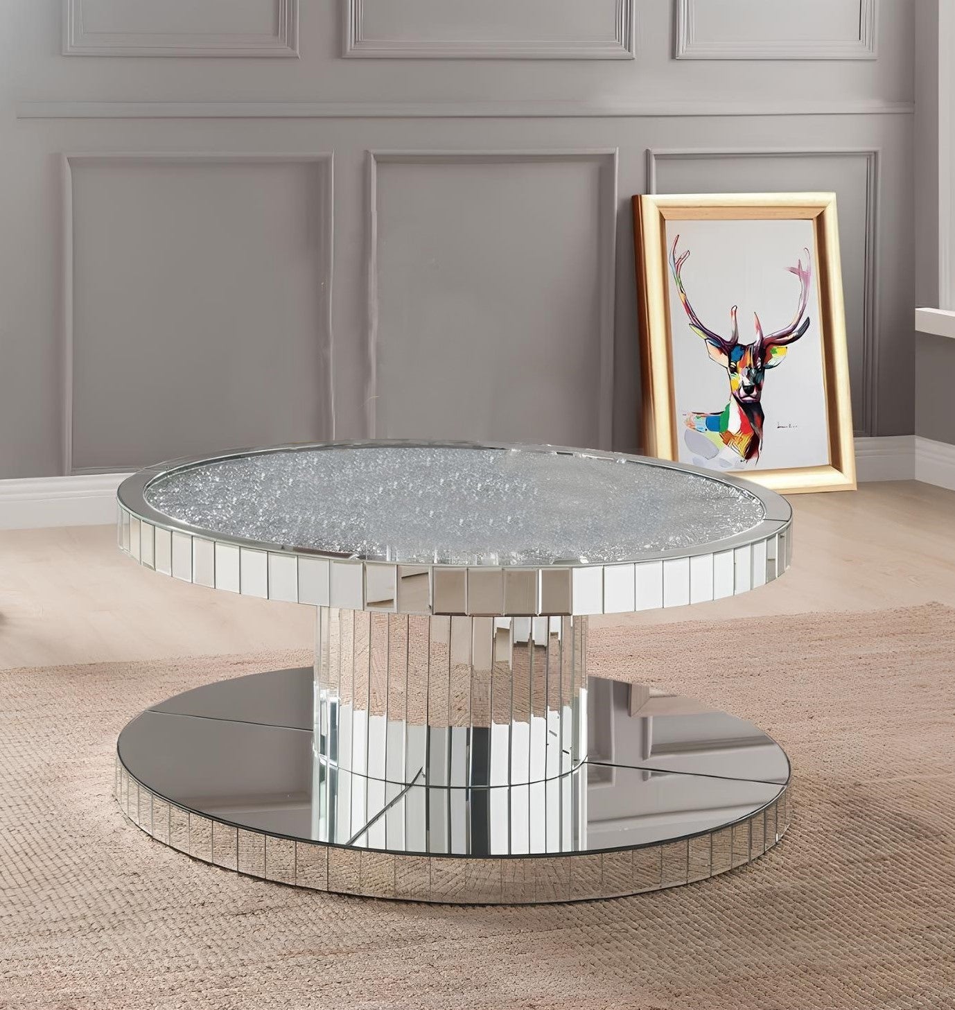 40" Clear And Silver Glass Round Mirrored Coffee Table