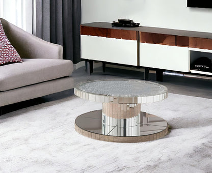 40" Clear And Silver Glass Round Mirrored Coffee Table