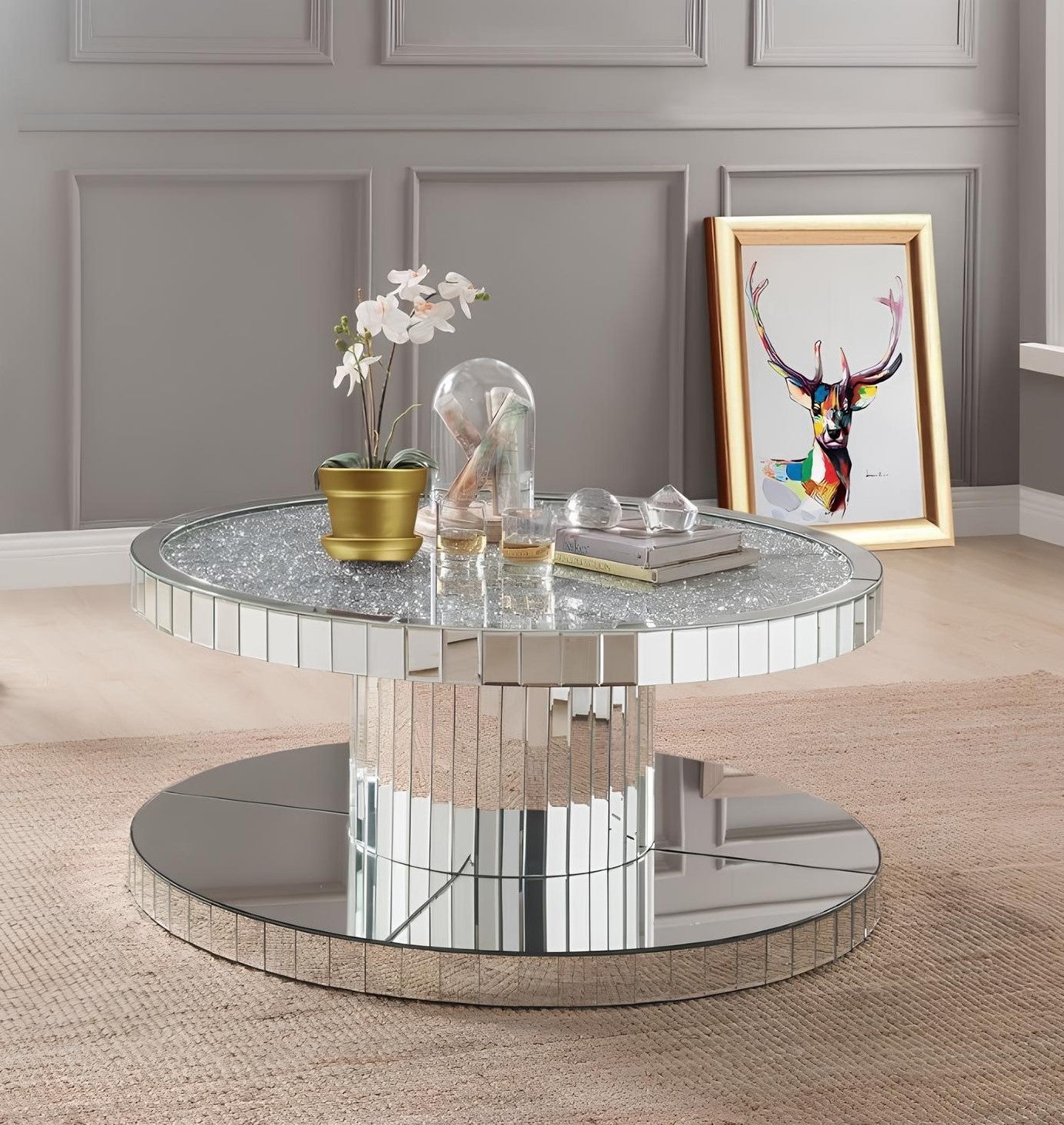 40" Clear And Silver Glass Round Mirrored Coffee Table