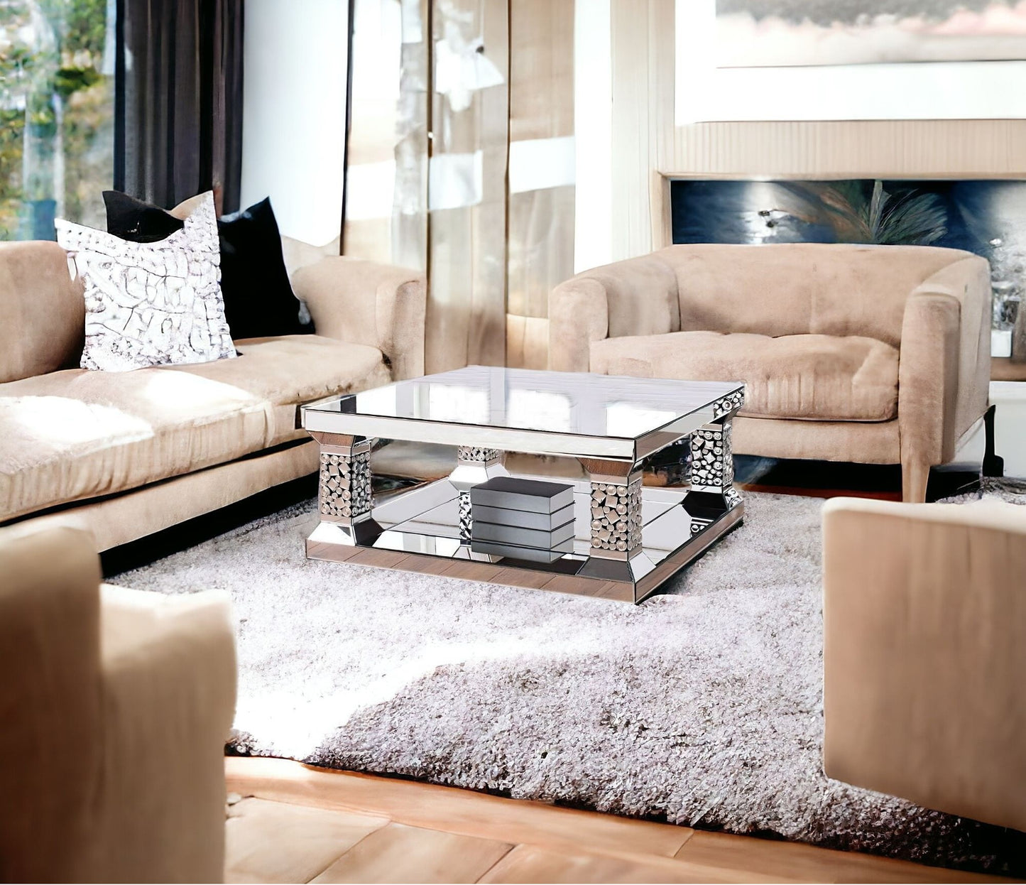 40" Silver Glass Square Mirrored Coffee Table With Shelf