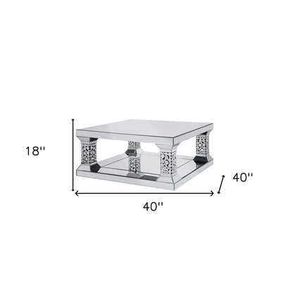 40" Silver Glass Square Mirrored Coffee Table With Shelf