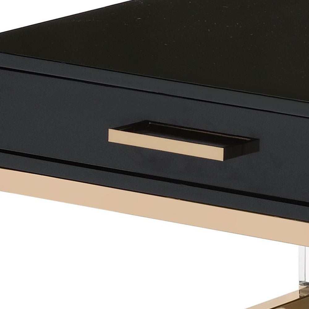 44" Gold And Black High Gloss Manufactured Wood And Metal Rectangular Coffee Table With Two Drawers