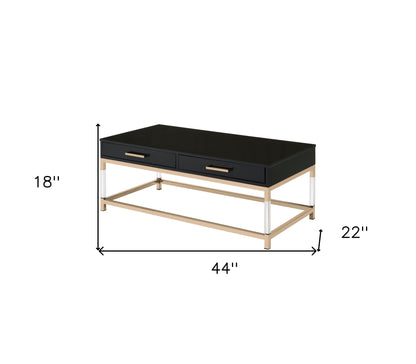 44" Gold And Black High Gloss Manufactured Wood And Metal Rectangular Coffee Table With Two Drawers