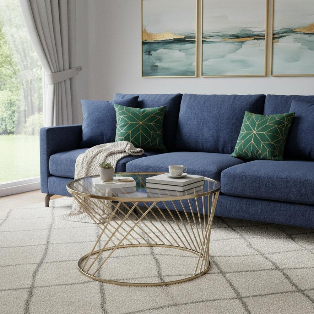 32" Clear and Champagne Glass And Metal Round Frame Coffee Table