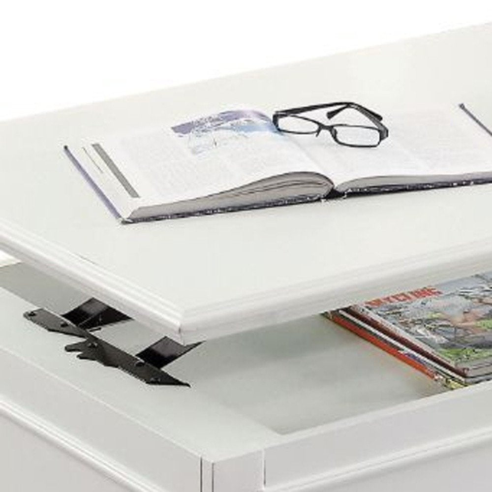 48" White Wood Lift Top Solid Coffee Table With Two Drawers