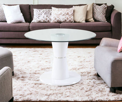 34" Clear And White Glass Round Coffee Table