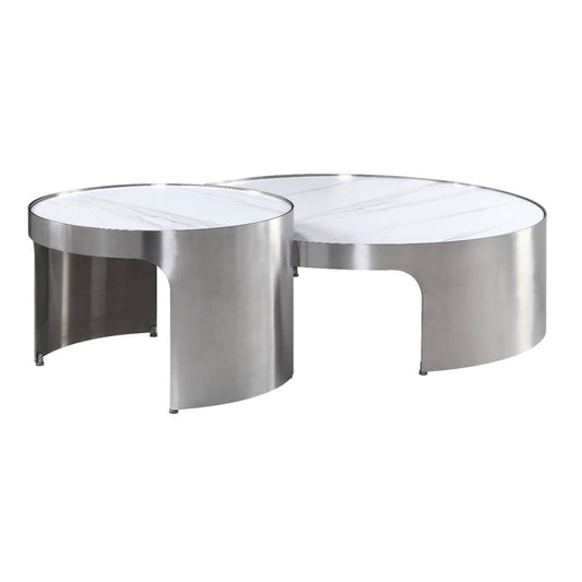 Set of Two 39" White and Silver Faux Marble Round Nested Coffee Tables