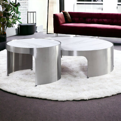 Set of Two 39" White and Silver Faux Marble Round Nested Coffee Tables