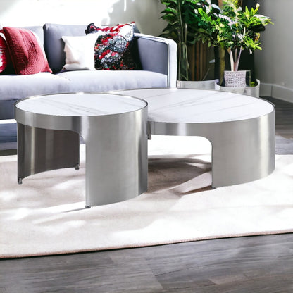 Set of Two 39" White and Silver Faux Marble Round Nested Coffee Tables