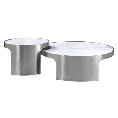 Set of Two 39" White and Silver Faux Marble Round Nested Coffee Tables