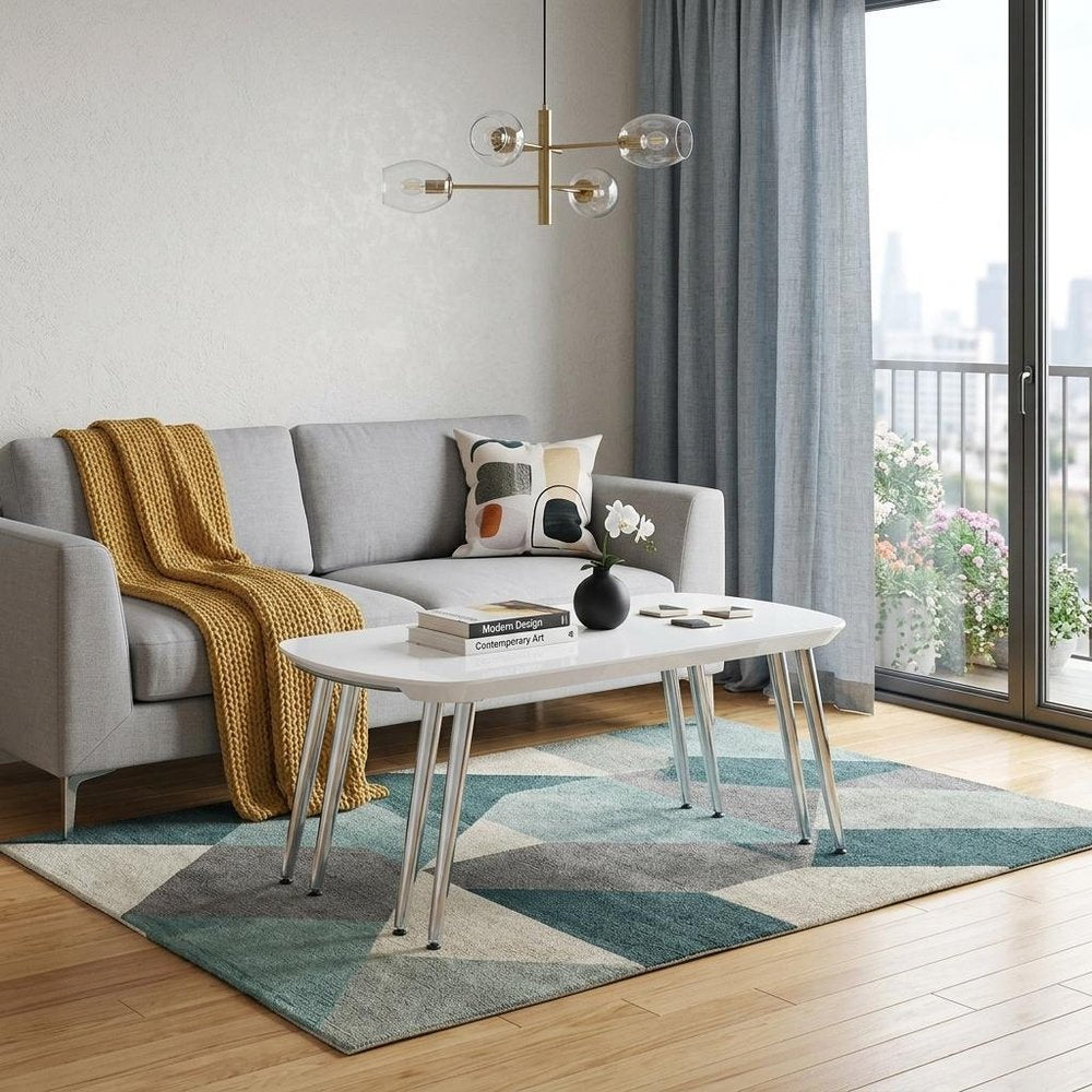 47" White Clear and Silver Wood And Glass And Metal Coffee Table