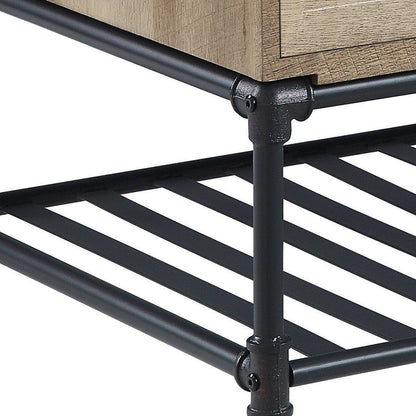 47" Oak and Brown Metal Coffee Table With Two Drawers And Shelf