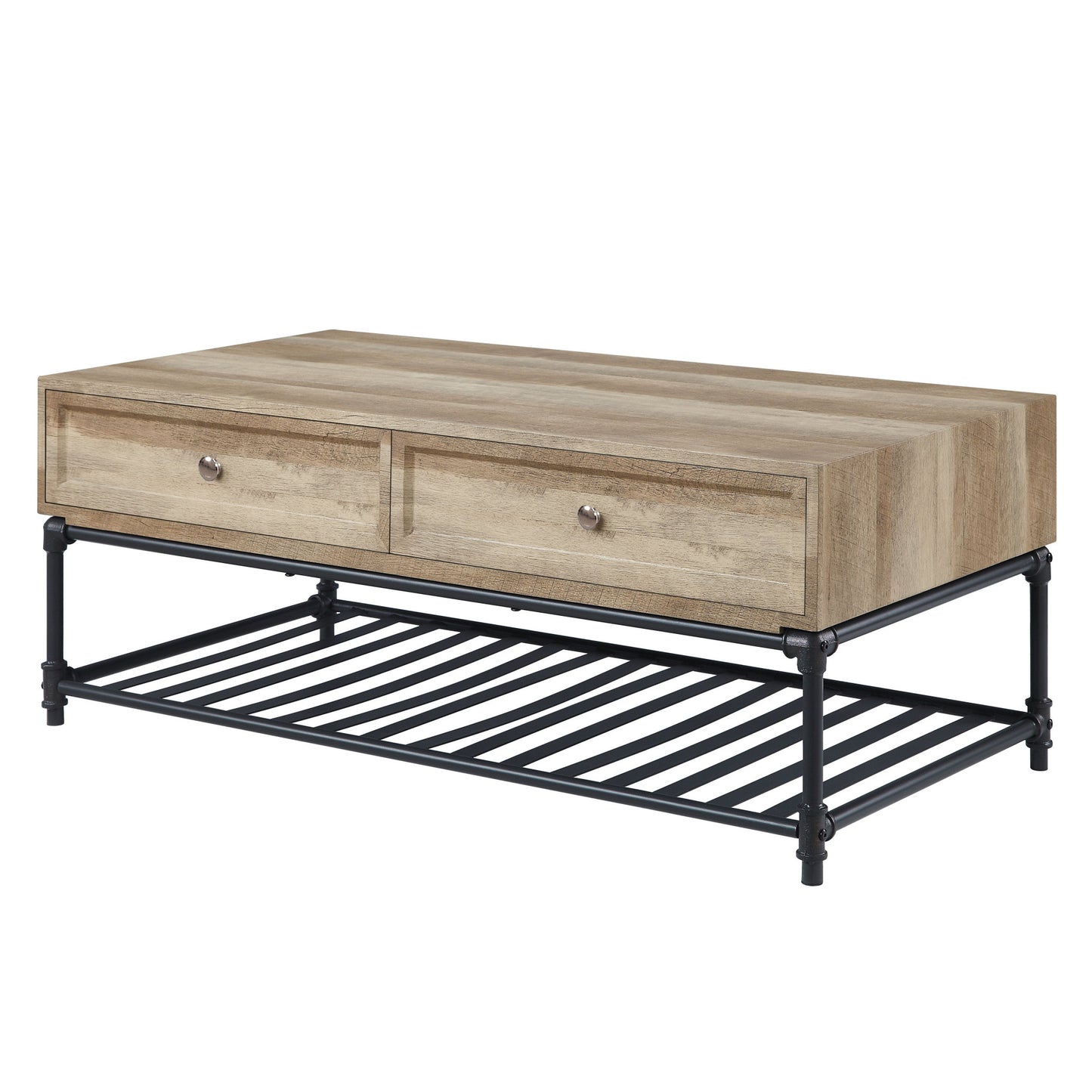 47" Sandy Black And Oak Paper Veneer And Metal Rectangular Coffee Table With Two Drawers And Shelf