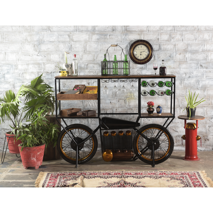 Brown and Black Metal And Solid Wood Bar Cart With Wine Storage