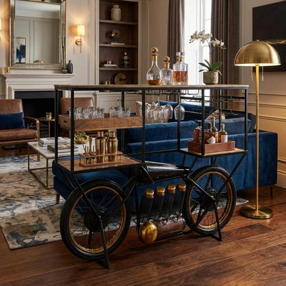 Brown and Black Metal And Solid Wood Bar Cart With Wine Storage