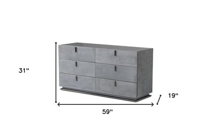 59" Gunmetal Grey Crackle Finish Six Drawer Double Dresser