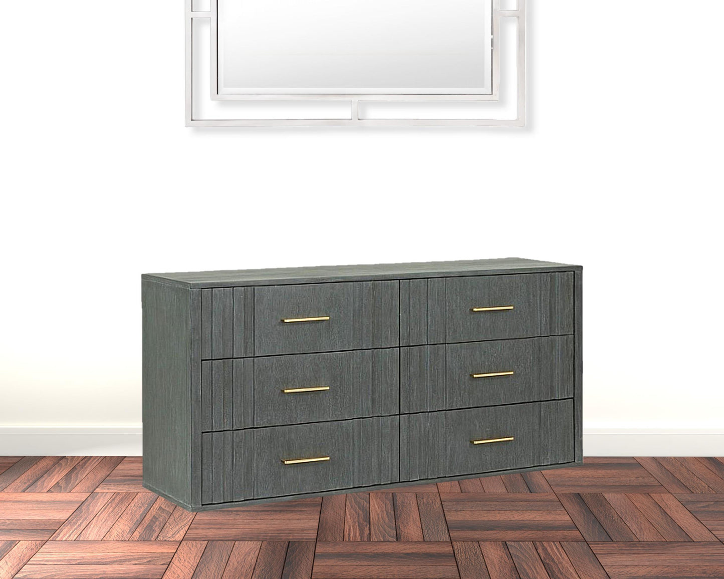 63" Dark Grey Solid And Manufactured Wood Six Drawer Dresser