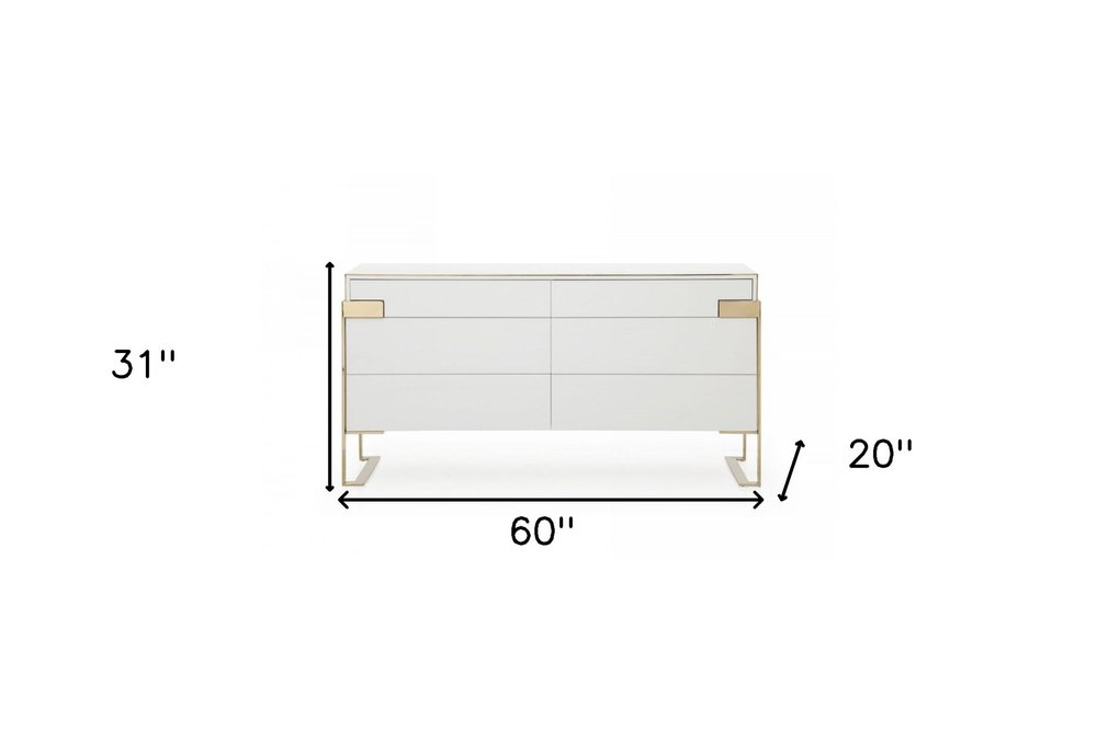 60" Gold And White Wood Six Drawer Double Dresser