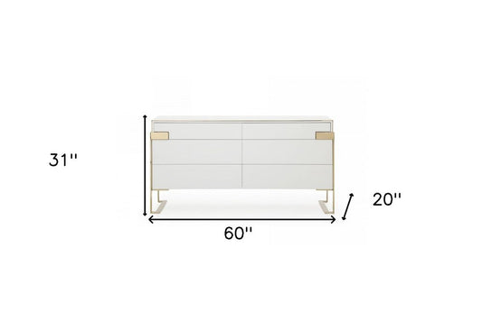 60" Gold And White Wood Six Drawer Double Dresser