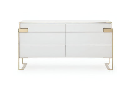 60" Gold And White Wood Six Drawer Double Dresser
