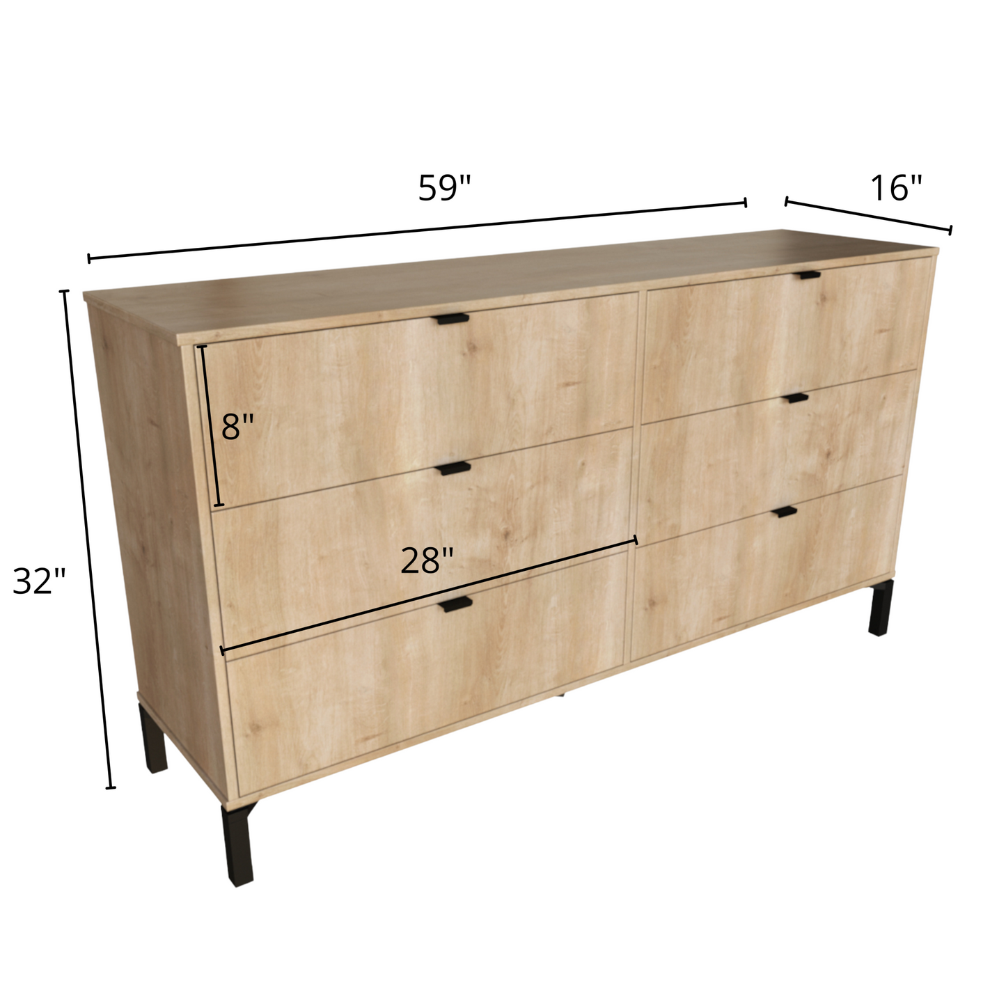 59" Light Natural Manufactured Wood with Black Six Drawer Double Dresser