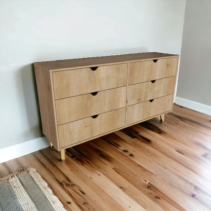 59" Natural Scoop Handle Six Drawer Double Dresser