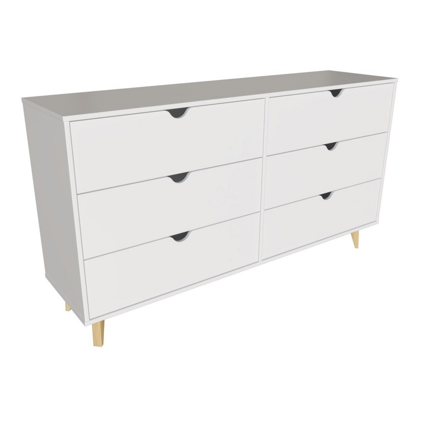 59" White Scoop Handle Six Drawer Double Dresser