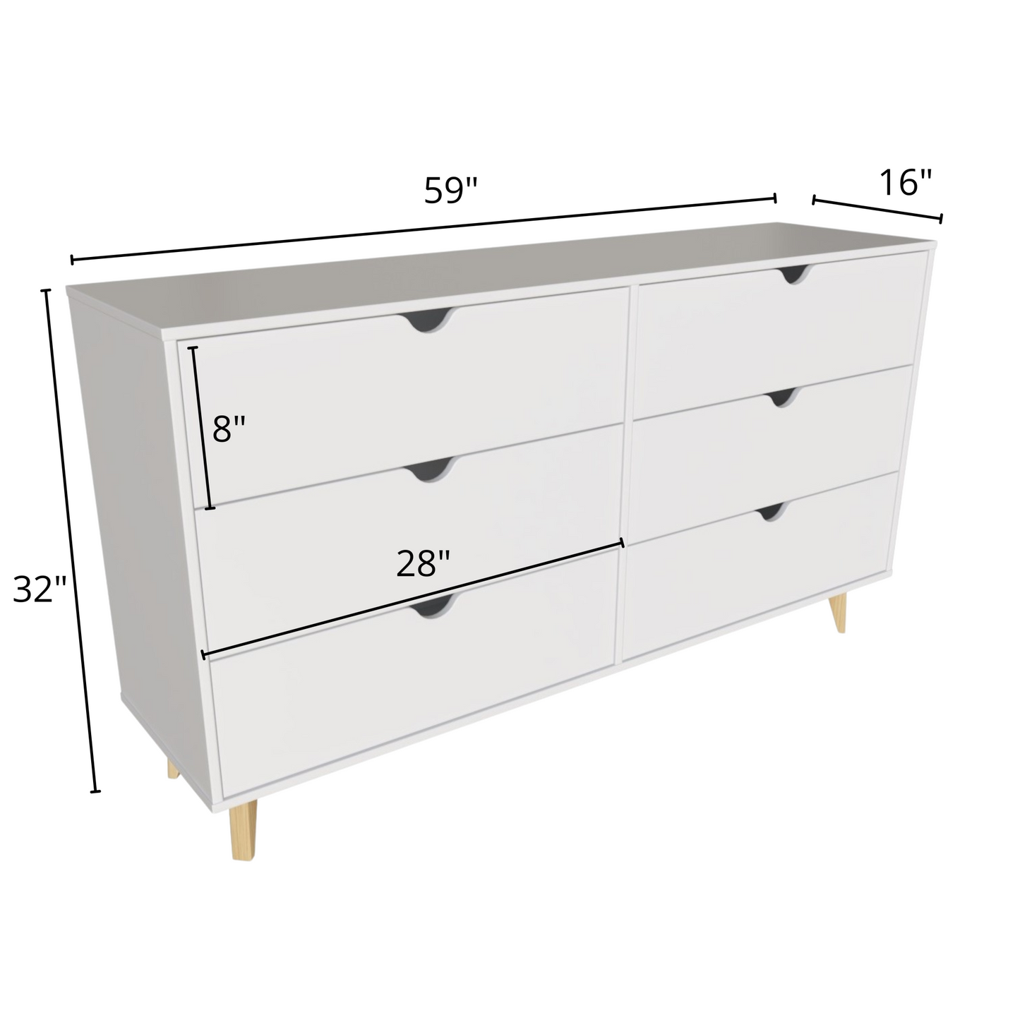 59" White Scoop Handle Six Drawer Double Dresser