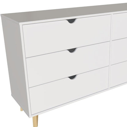 59" White Scoop Handle Six Drawer Double Dresser