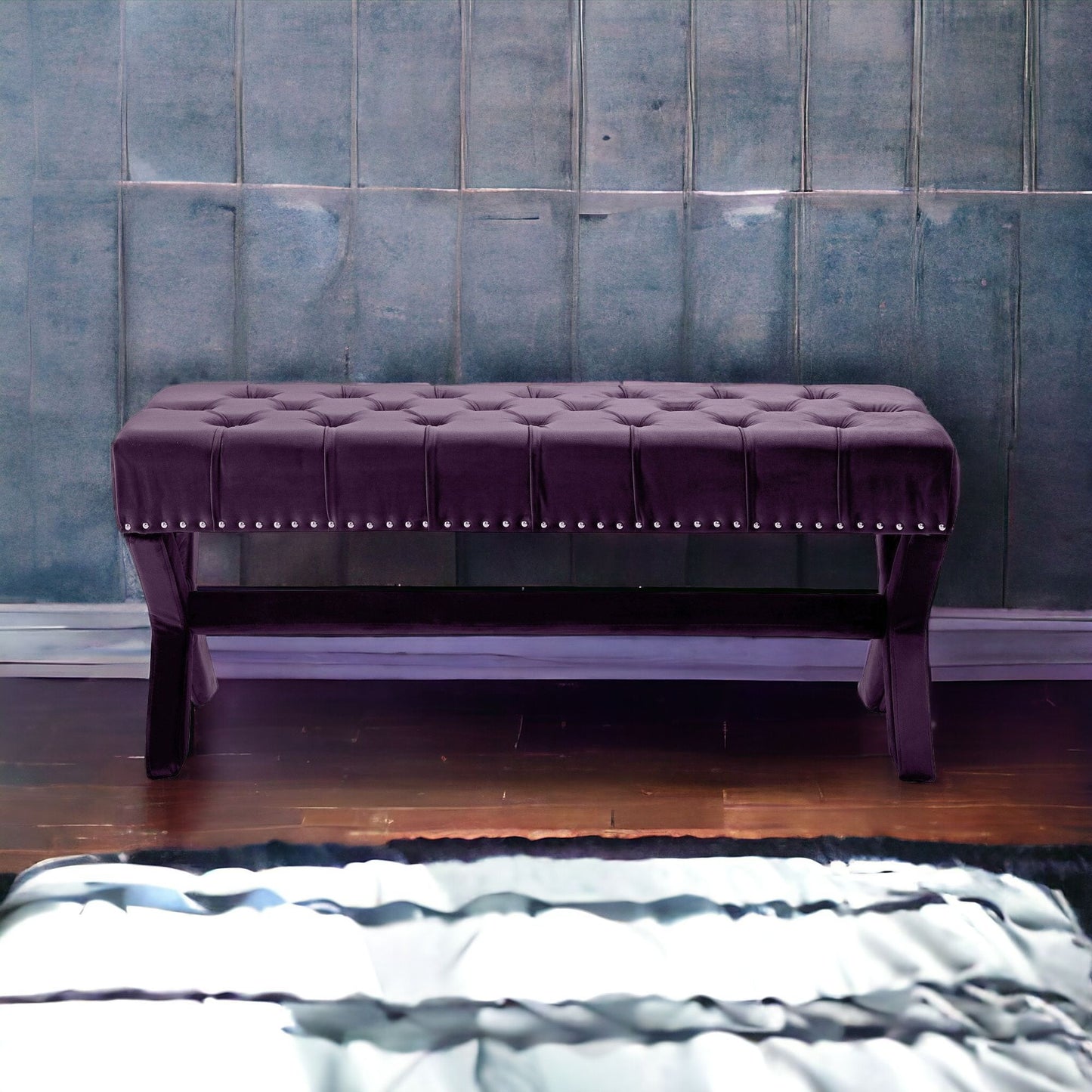 45" Gray Upholstered Velvet Bench