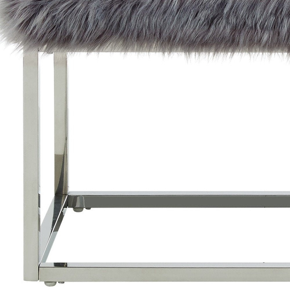 40" Gray And Silver Upholstered Faux Fur Bench