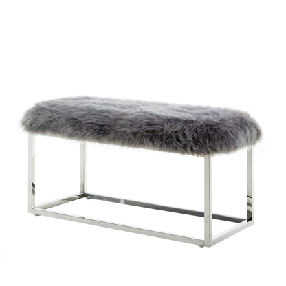 40" Gray And Silver Upholstered Faux Fur Bench