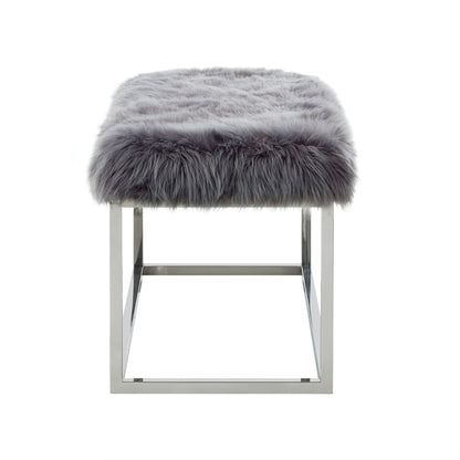 40" Gray And Silver Upholstered Faux Fur Bench