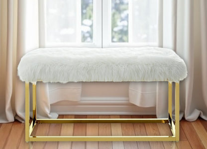 40" Gray And Silver Upholstered Faux Fur Bench