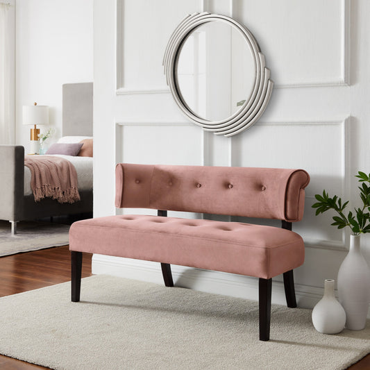 48" Blush And Brown Upholstered Velvet Bench