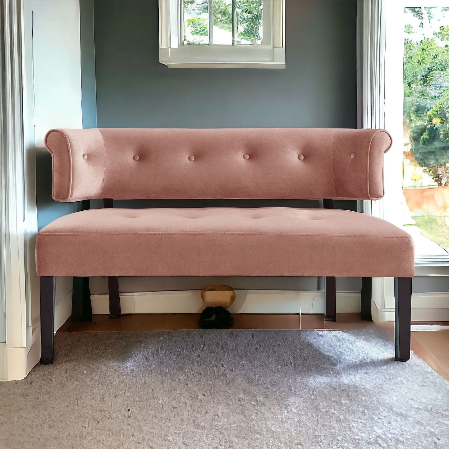 48" Blush And Brown Upholstered Velvet Bench