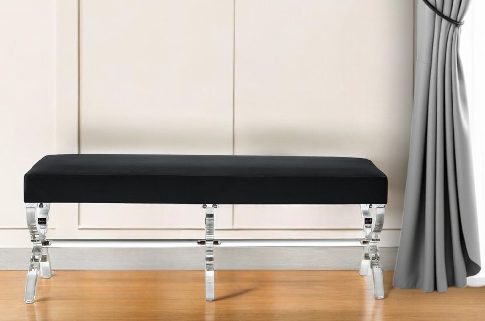 48" Black and Clear Velvet Upholstered Bench