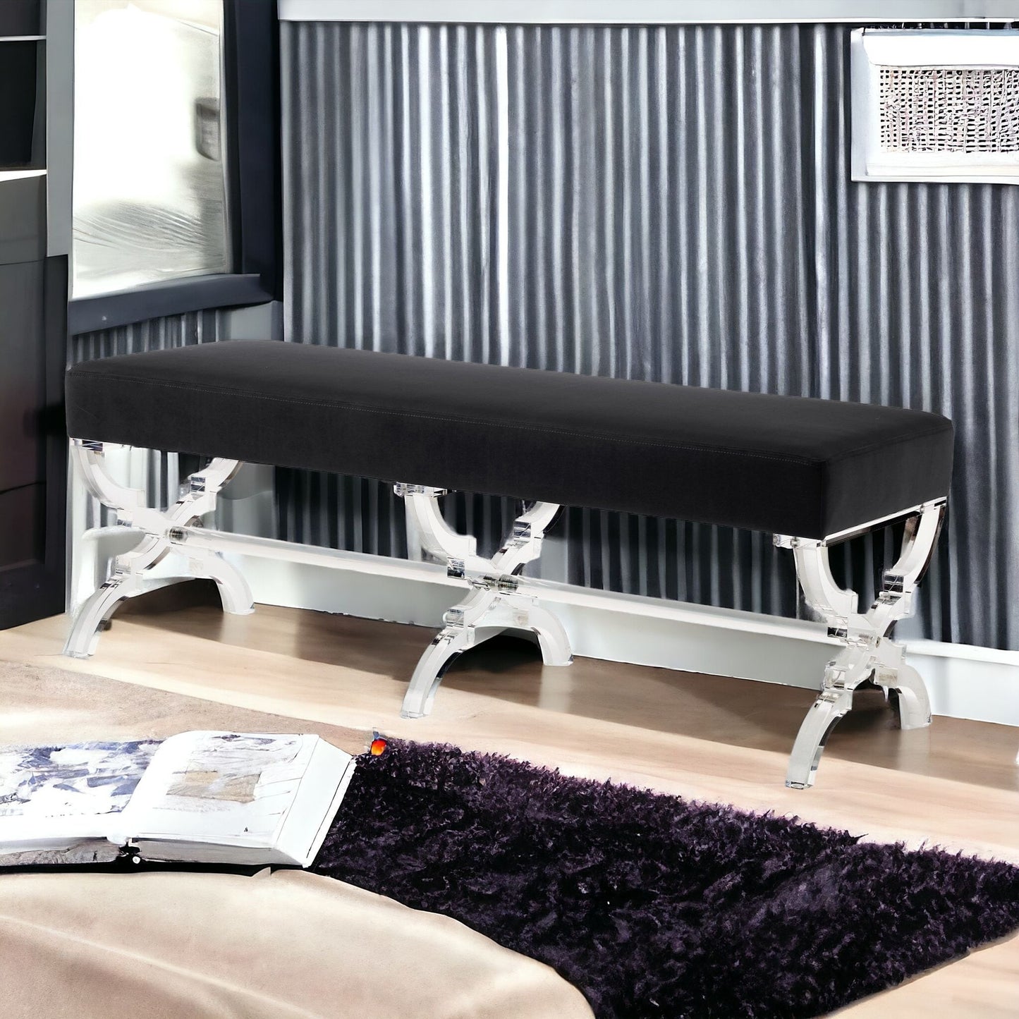 48" Black And Clear Upholstered Velvet Bench